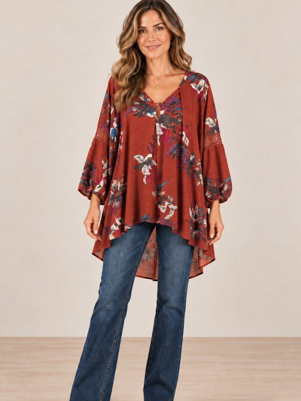 Free People Rust Floral High-Low Boho Swing Tunic Top Crochet Sleeve XS A-216
